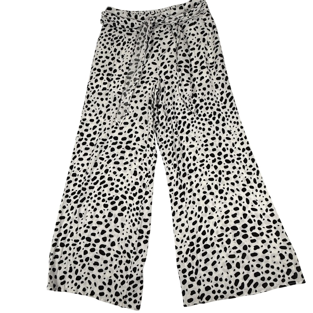 Boho Chic Pants Large Dalmatian Print Wide Leg Pull On Tie Waist Resort Vacation